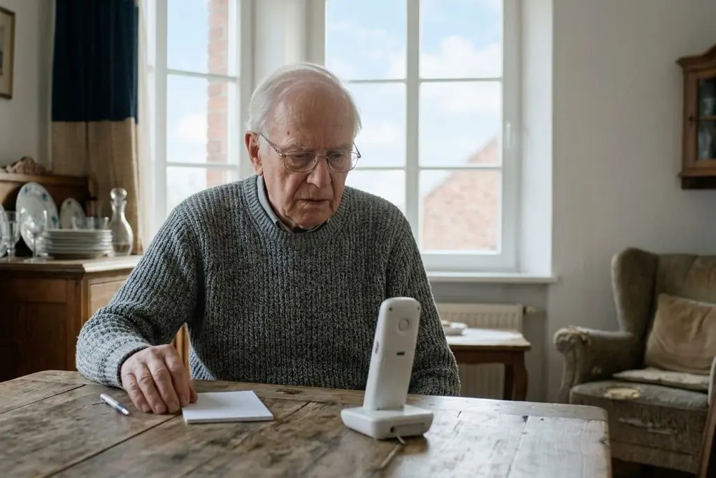 Älterer Mann sitzt nachdenklich am Tisch, vor ihm ein Telefon und ein Notizzettel